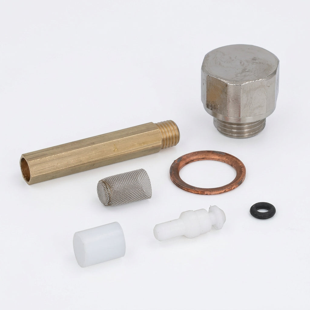 Quality Espresso group head filter kit 08915900 with metal fittings, cylindrical mesh filter, sealing rings and white components.