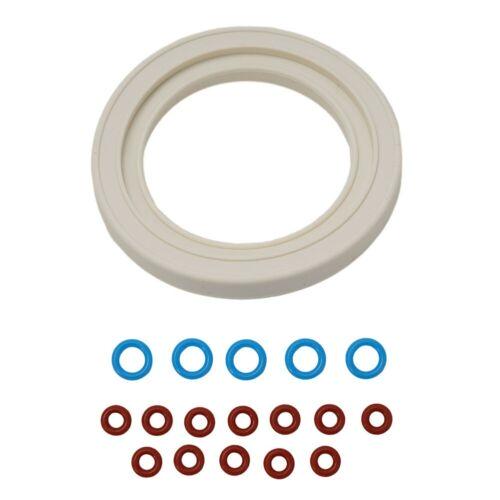 White gasket with blue and red washers on a white background