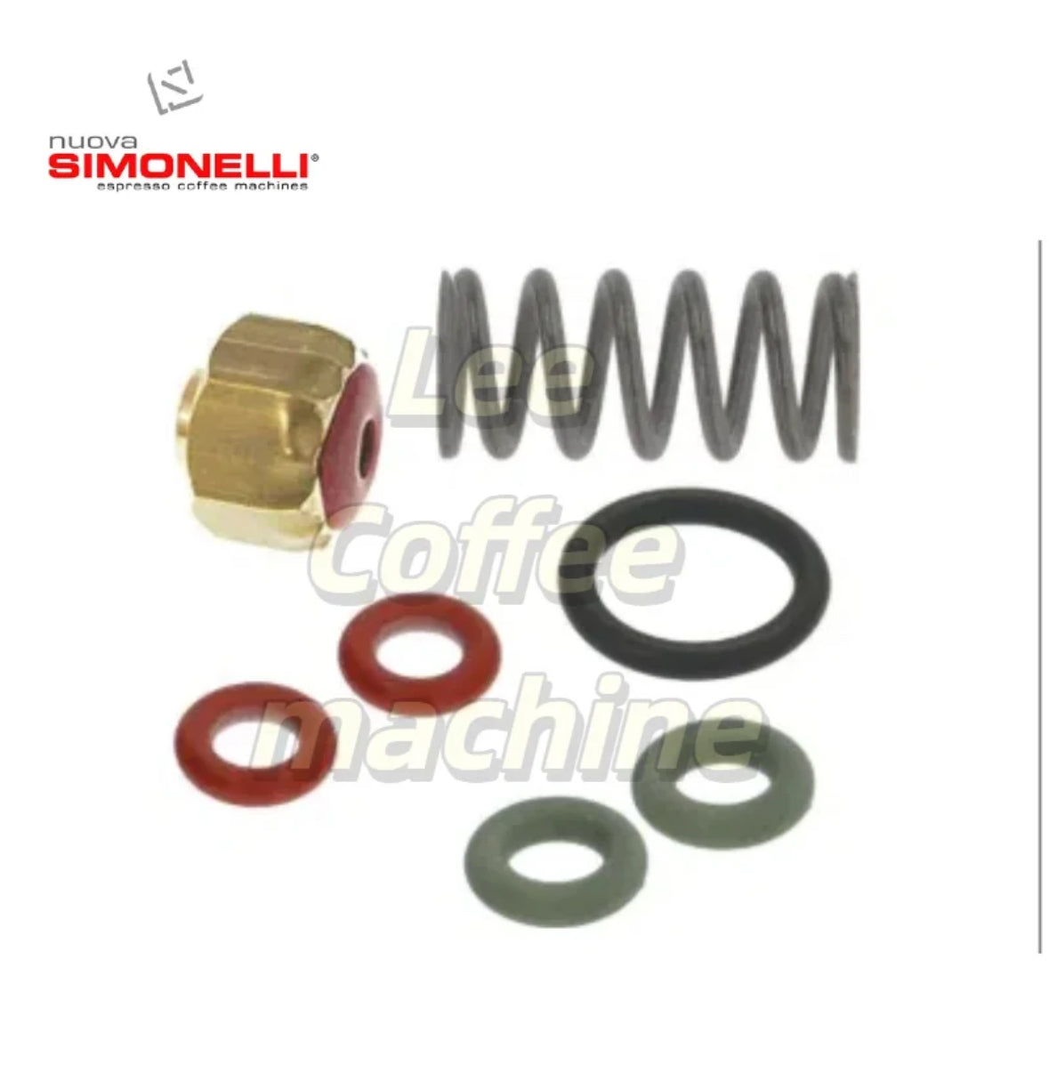 Mechanical parts including a brass fitting, springs, and washers on a white background with Nuova Simonelli branding.