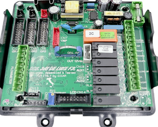Electronic circuit board with various components on a white background