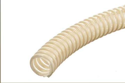 Coiled beige flexible hose on a white background