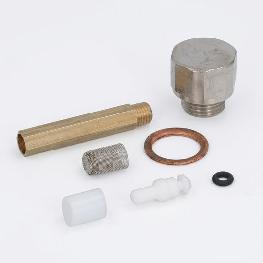 Quality Espresso group head filter kit 08915900 with metal fittings, cylindrical mesh filter, sealing rings and white components.