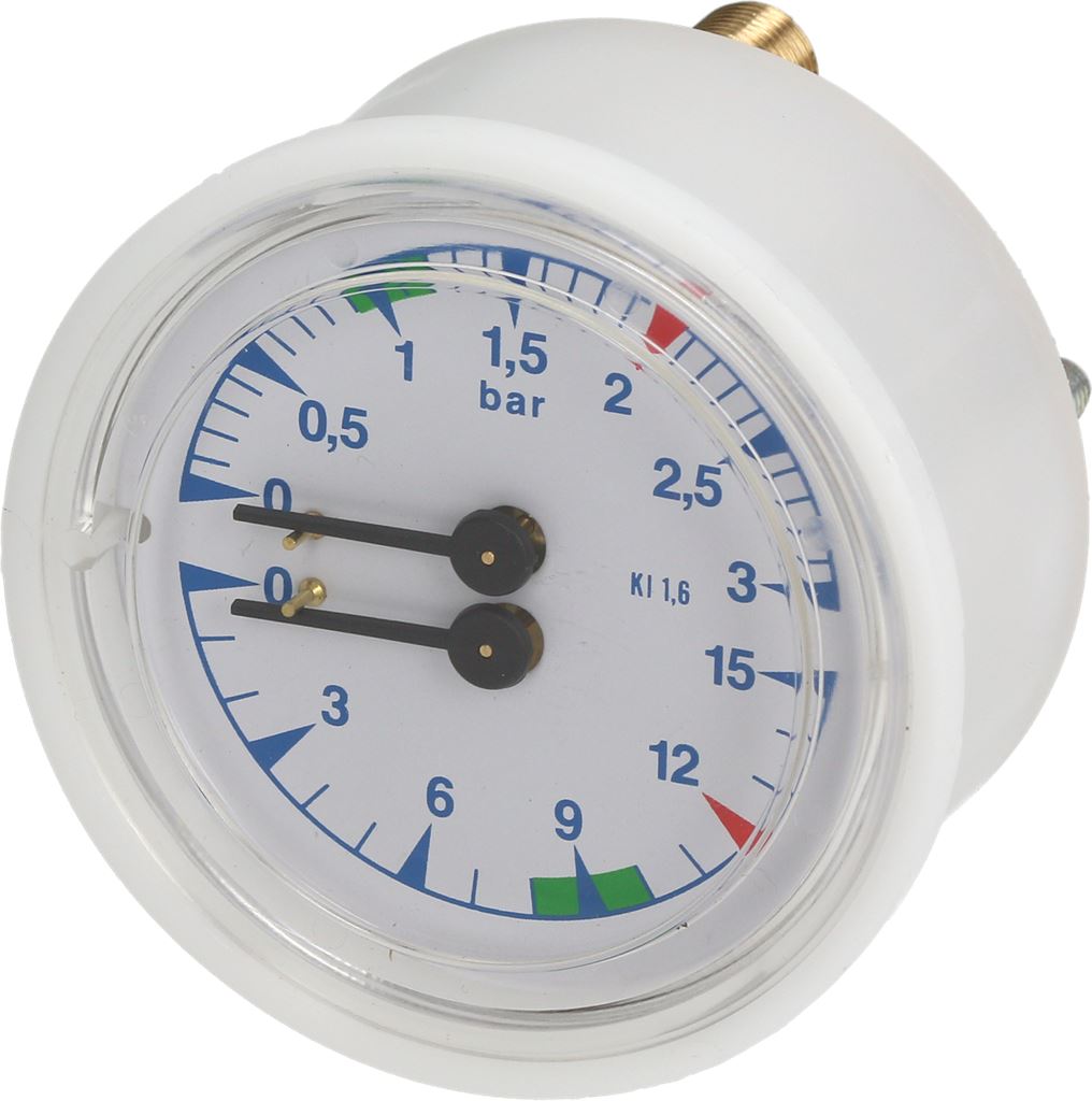 Pressure gauge with white casing and blue and red indicators on a white background