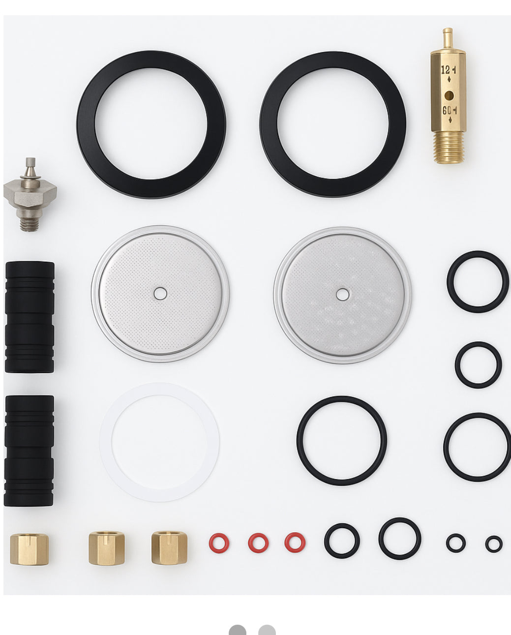 Collection of plumbing parts including washers, O-rings, and connectors on a white background
