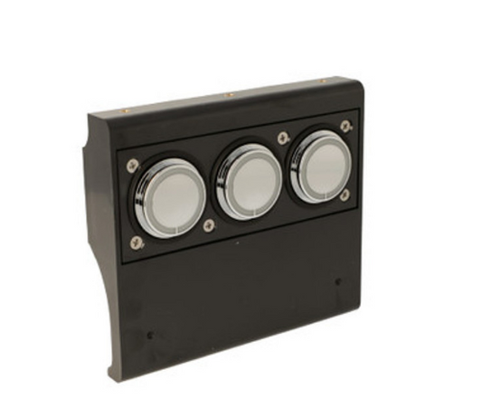 La Marzocco PB coffee machine touchpad with three buttons featuring red back lighting, black in color, with part code E2038LM.