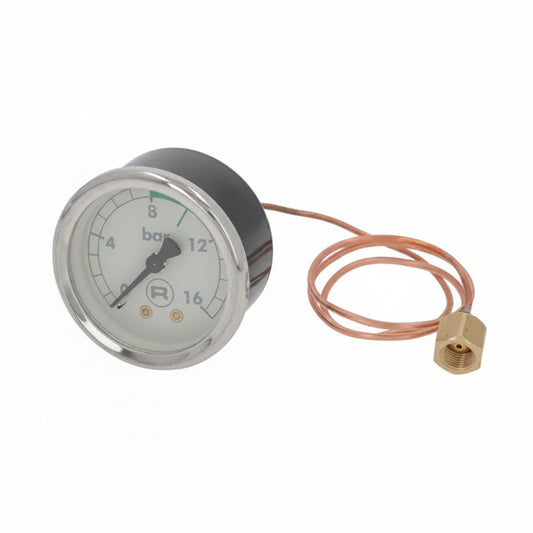Rocket Espresso pump pressure gauge 0–16 bar Type V white face, 57mm frame, 1/4" BSP connection, part A299904633 — fits Giotto Cronometro V and Mozzafiato Cronometro V