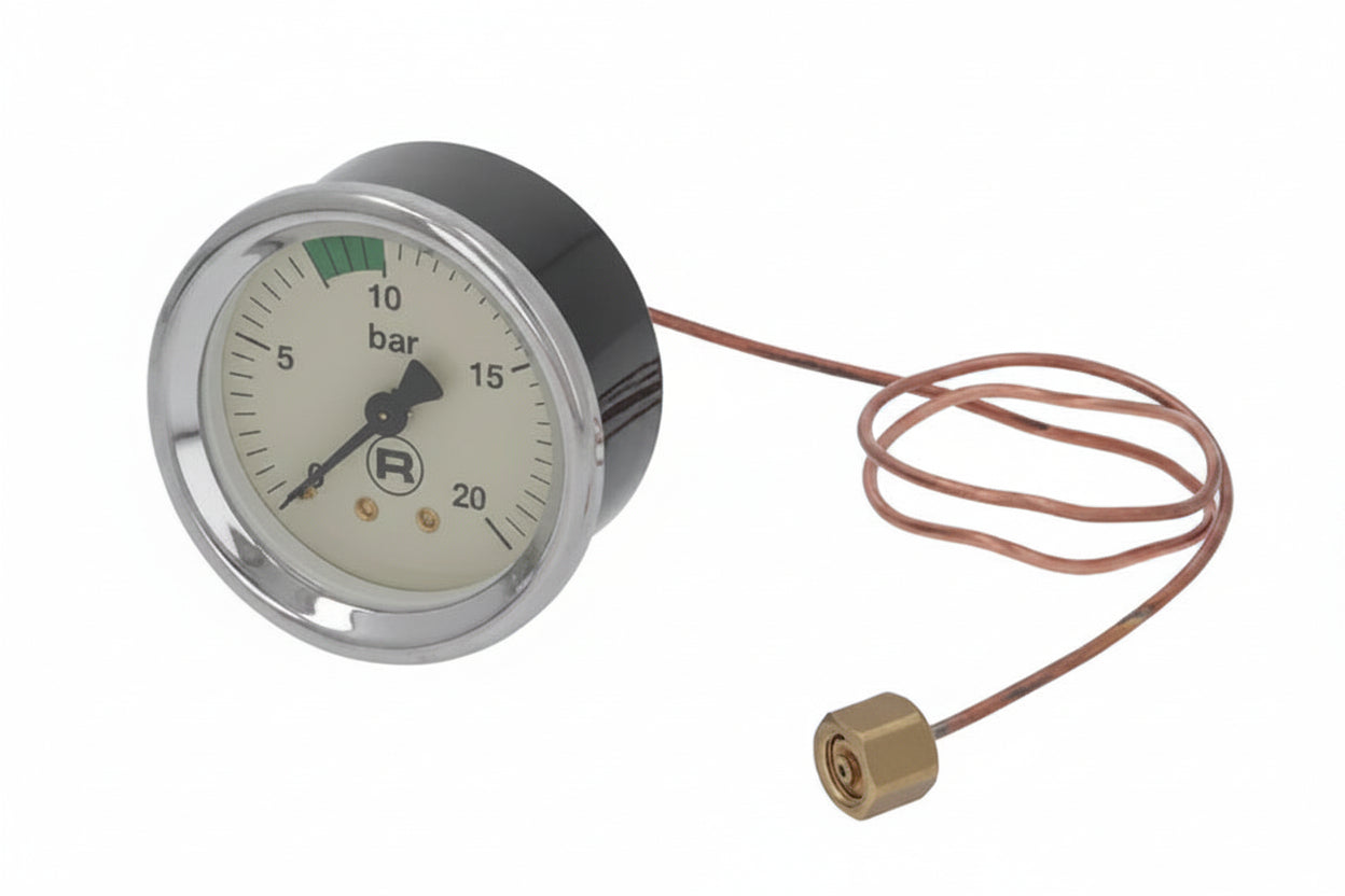 Rocket Espresso pump pressure gauge 0–20 bar stainless steel, 65mm frame, 1/8" BSP connection, part A219906185 — fits R58, R-Cinquantotto & R Nine One
