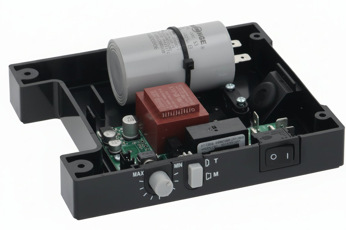 Eureka Mignon Classico Ver:202102 220V base unit showing PCB, red transformer, grey motor capacitor, grind time dial, T/M mode selector, and power switch in black plastic housing