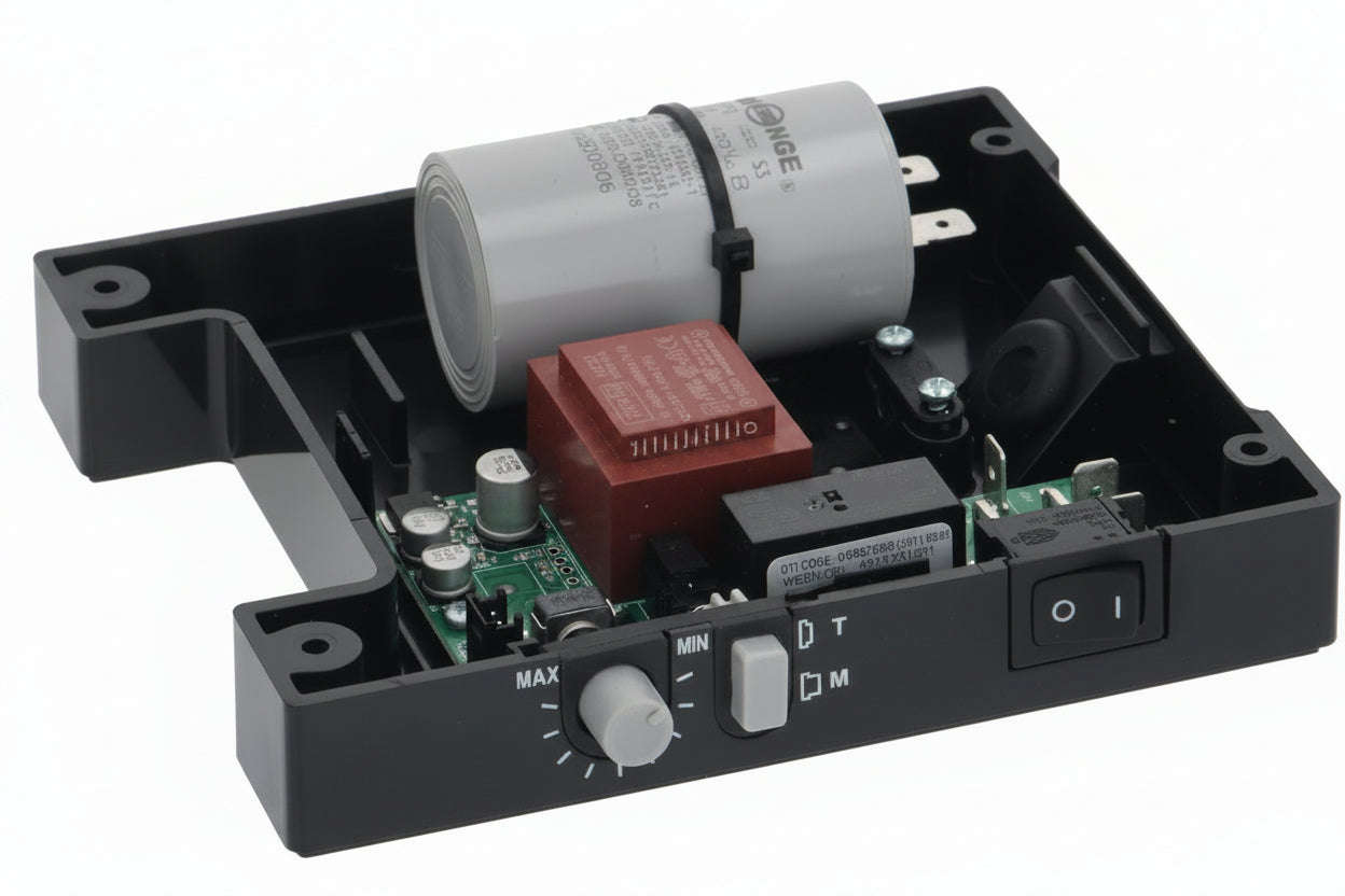 Eureka Mignon Classico Ver:202102 220V base unit showing PCB, red transformer, grey motor capacitor, grind time dial, T/M mode selector, and power switch in black plastic housing